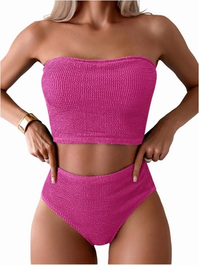 OYOANGLE Women's 2 Piece Strapless Swimsuit High Waisted Smocked Bandeau Bathing Suit