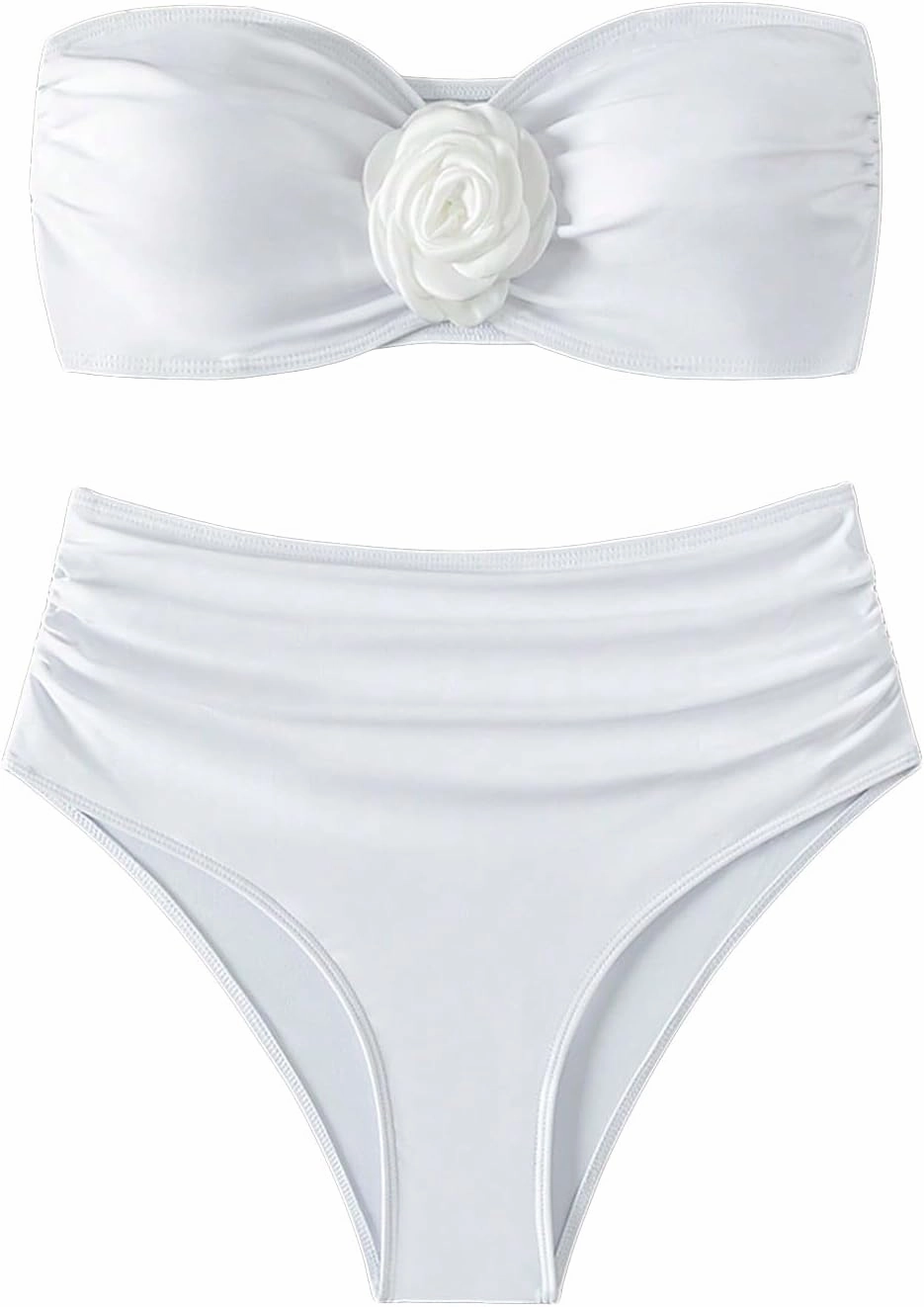 OYOANGLE Women's 3D Flower Ruched Strapless Bandeau Swimsuit Two Piece Mid Rise Bathing Suits