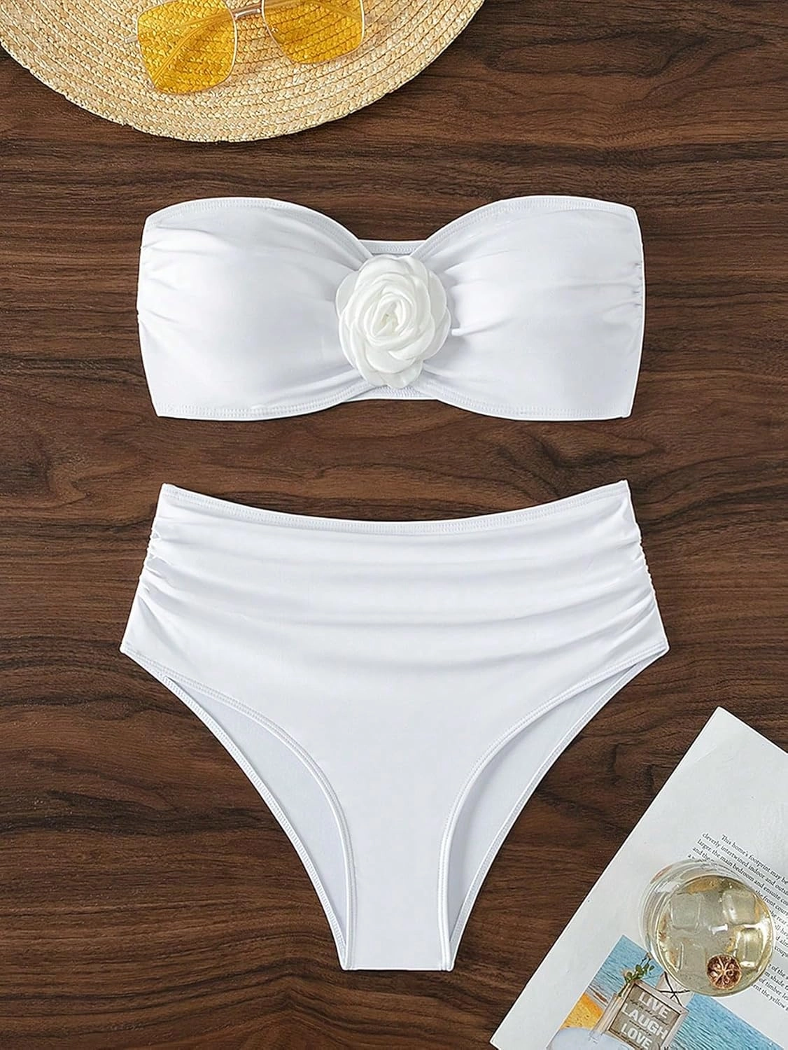 OYOANGLE Women's 3D Flower Ruched Strapless Bandeau Swimsuit Two Piece Mid Rise Bathing Suits