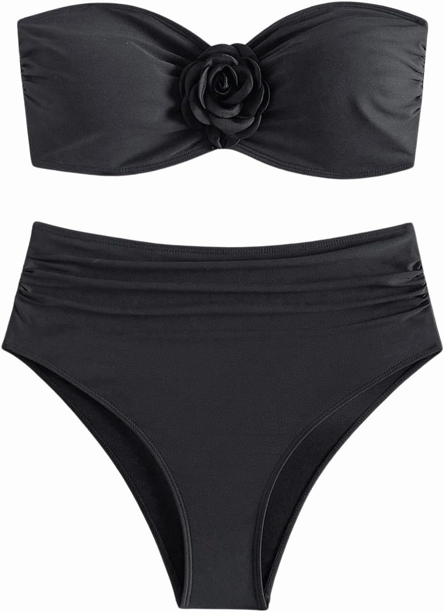 OYOANGLE Women's 3D Flower Ruched Strapless Bandeau Swimsuit Two Piece Mid Rise Bathing Suits