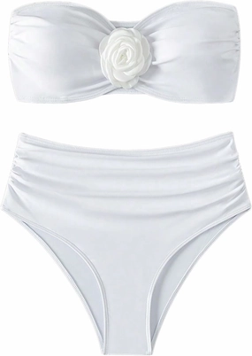 OYOANGLE Women's 3D Flower Ruched Strapless Bandeau Swimsuit Two Piece Mid Rise Bathing Suits