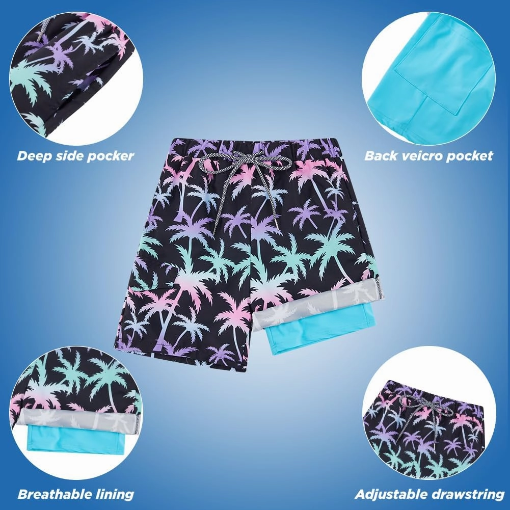 Patgoal Boys Swim Trunks with Compression Liner Boy Stretch Boxers Shorts 2 in 1 Beach Swimsuit Swimming Bathing Suit