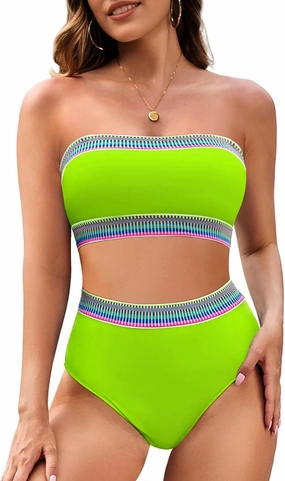 Pink Queen Tube Top Bikini Sets for Women Removable Strap Pad Color Block Two Piece Swimming Suit Swimwear
