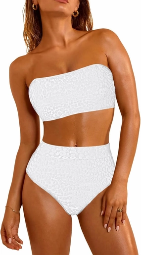 Pink Queen Women 2 Piece Bandeau Swimsuits Strapless Textured Bikini Set High Waisted Bathing Suits