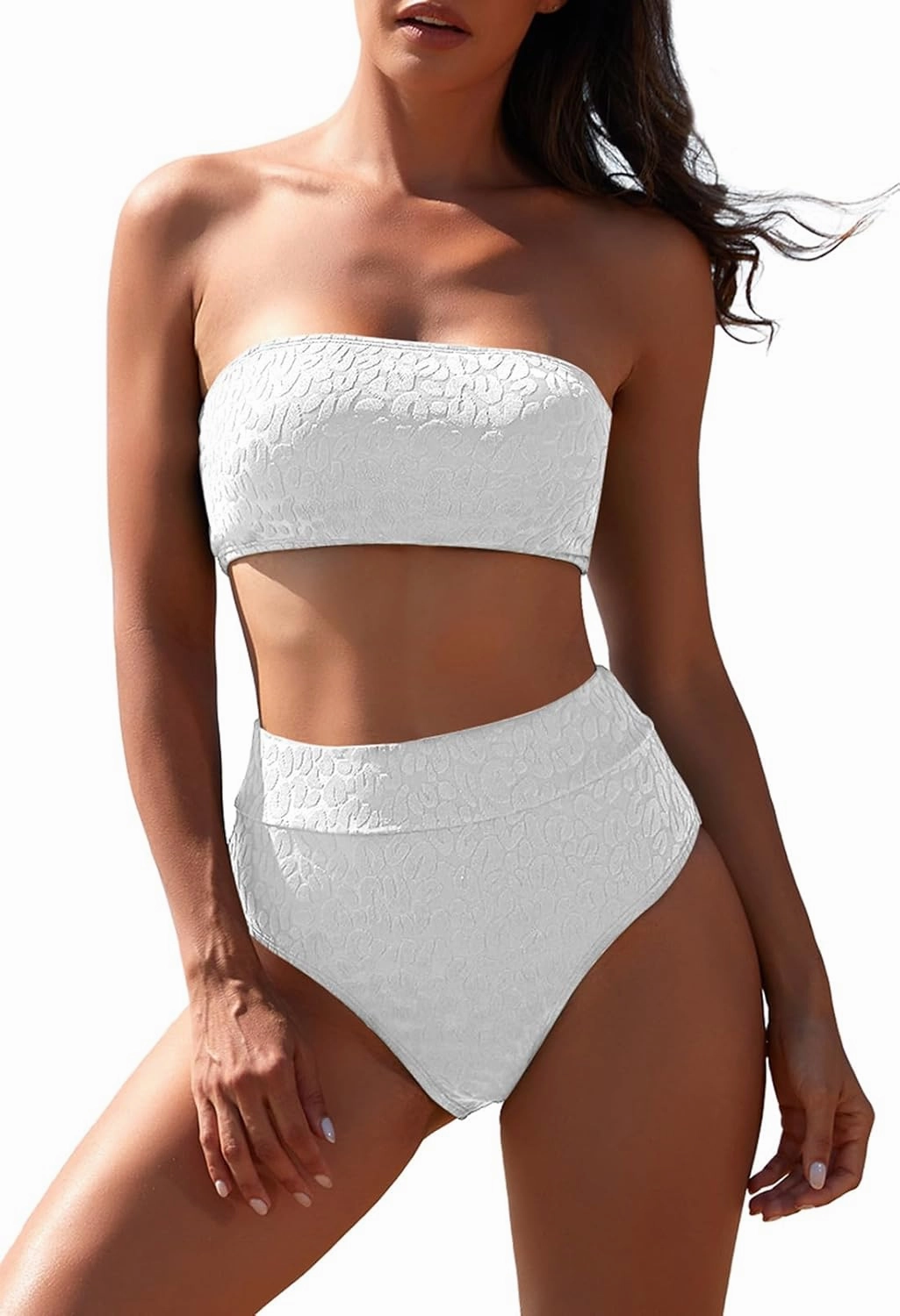 Pink Queen Women 2 Piece Bandeau Swimsuits Strapless Textured Bikini Set High Waisted Bathing Suits