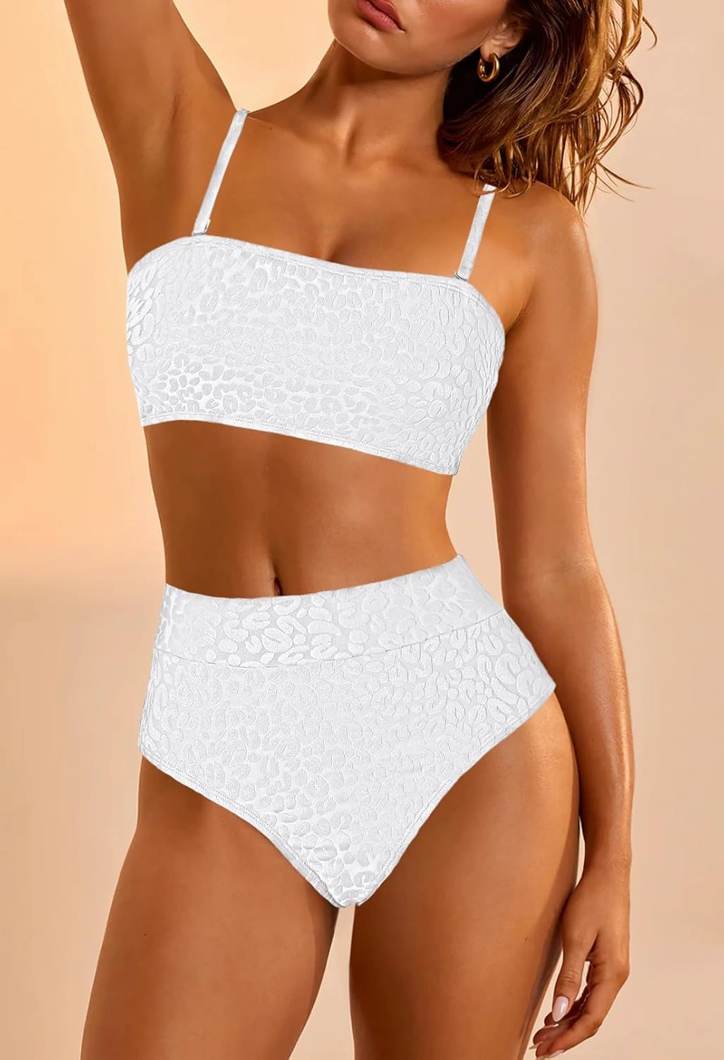 Pink Queen Women 2 Piece Bandeau Swimsuits Strapless Textured Bikini Set High Waisted Bathing Suits