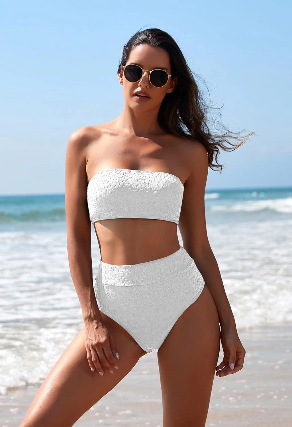 Pink Queen Women 2 Piece Bandeau Swimsuits Strapless Textured Bikini Set High Waisted Bathing Suits