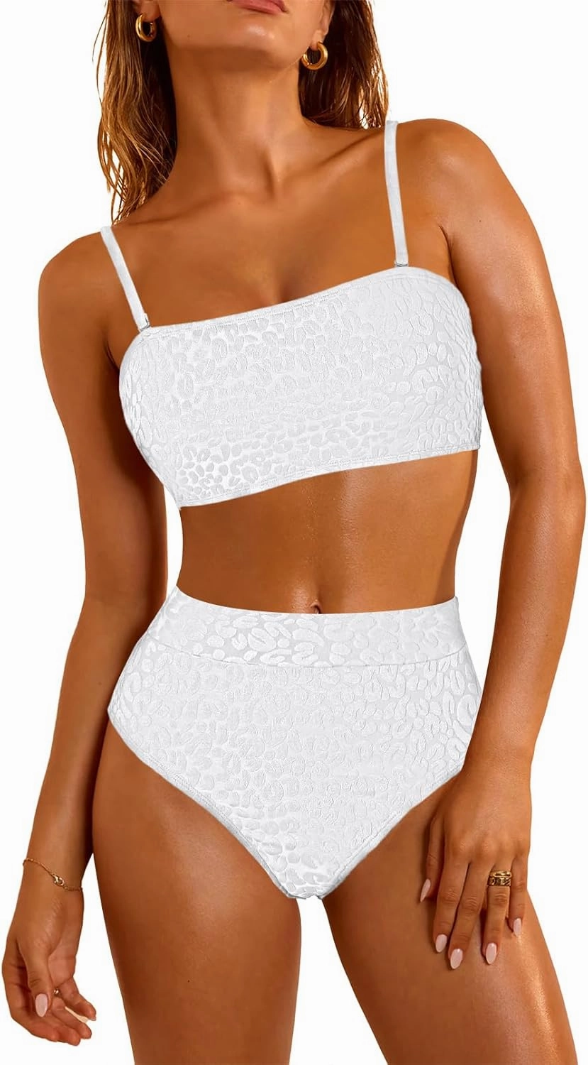 Pink Queen Women 2 Piece Bandeau Swimsuits Strapless Textured Bikini Set High Waisted Bathing Suits