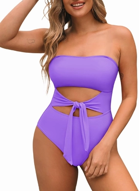 Pink Queen Women Bandeau One Piece Swimsuit Removable Strap Cutout Tie High Waist Bathing Suit Monokini