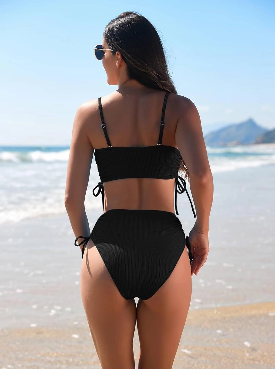 Pink Queen Women's 2 Piece High Waisted Bikini Sets Ribbed Bandeau Ruched Drawstring Swimsuit Bathing Suit