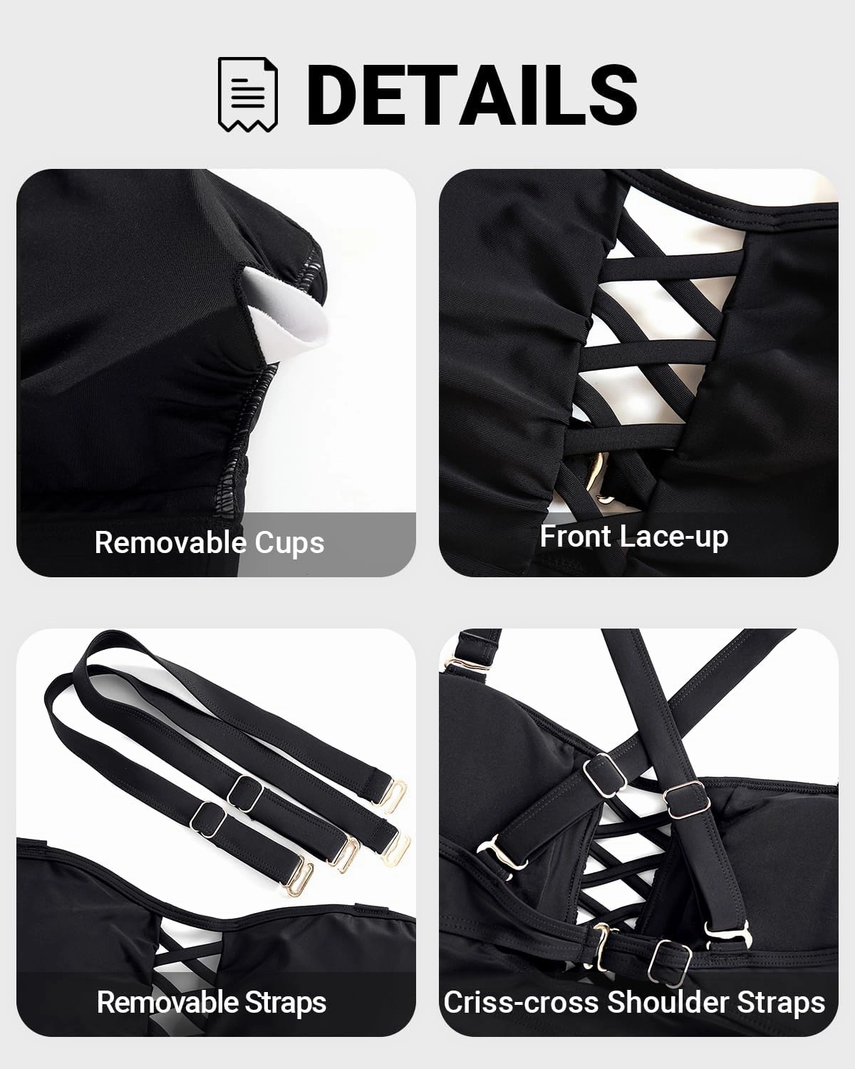 Plus Size Bikini Swimsuit Top - Women Bandeau Swim Top Lace Up Bathing Suit Bra for Large Bust Swimwear