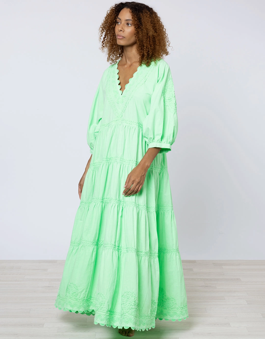 Poplin V-Neck Loose Maxi Dress with Ric-Rac - Apple