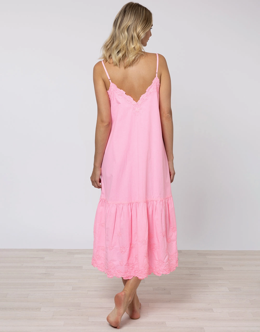 Poplin V-Neck Midi Dress with Cord Flower - Pink Grapefruit