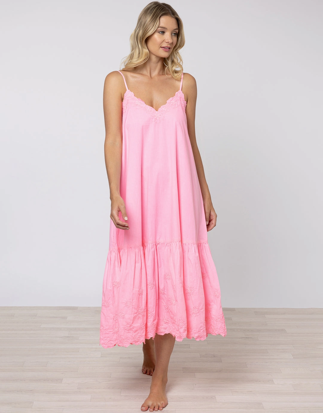 Poplin V-Neck Midi Dress with Cord Flower - Pink Grapefruit