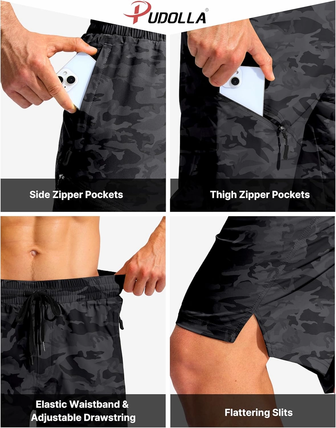 Pudolla Men's Swim Trunks with Compression Liner Quick Dry 9" Board Shorts Bathing Suit with 3 Zipper Pockets