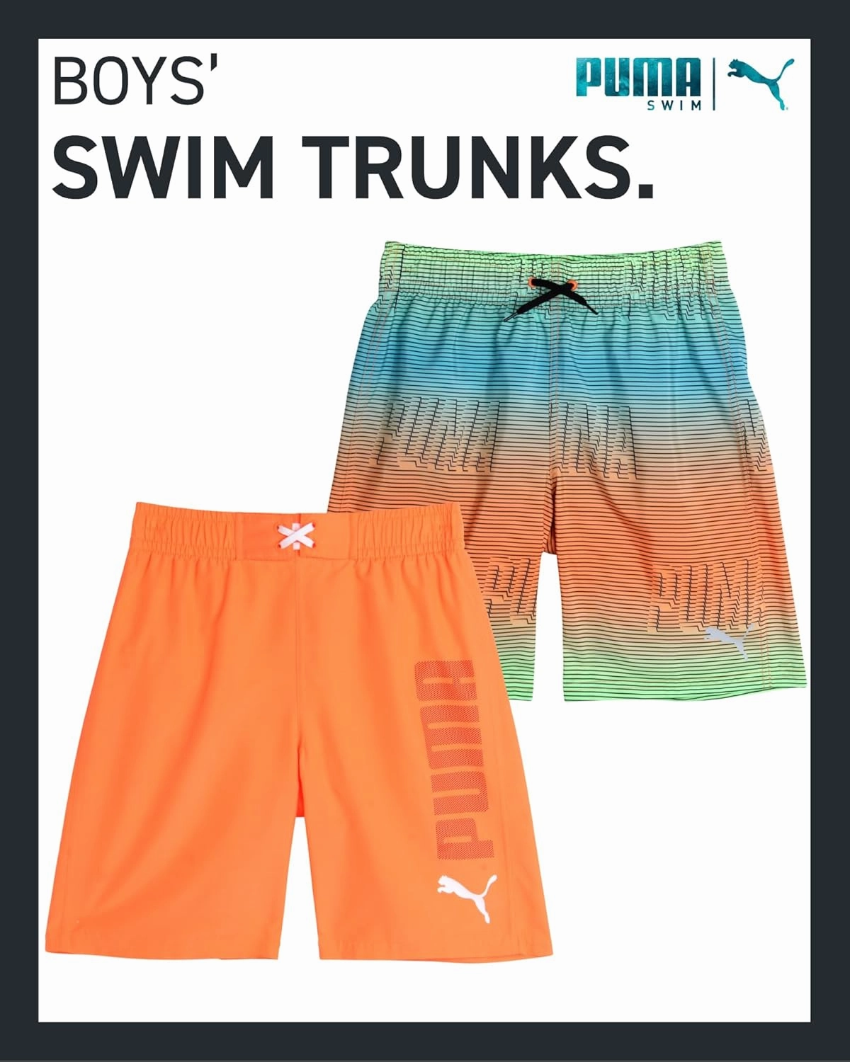 PUMA Boys Swim Trunks - 2 Pack Quick Dry Beach Bathing Suit Shorts for Boys with Breathable Mesh Lining (Sizes: S-XL)