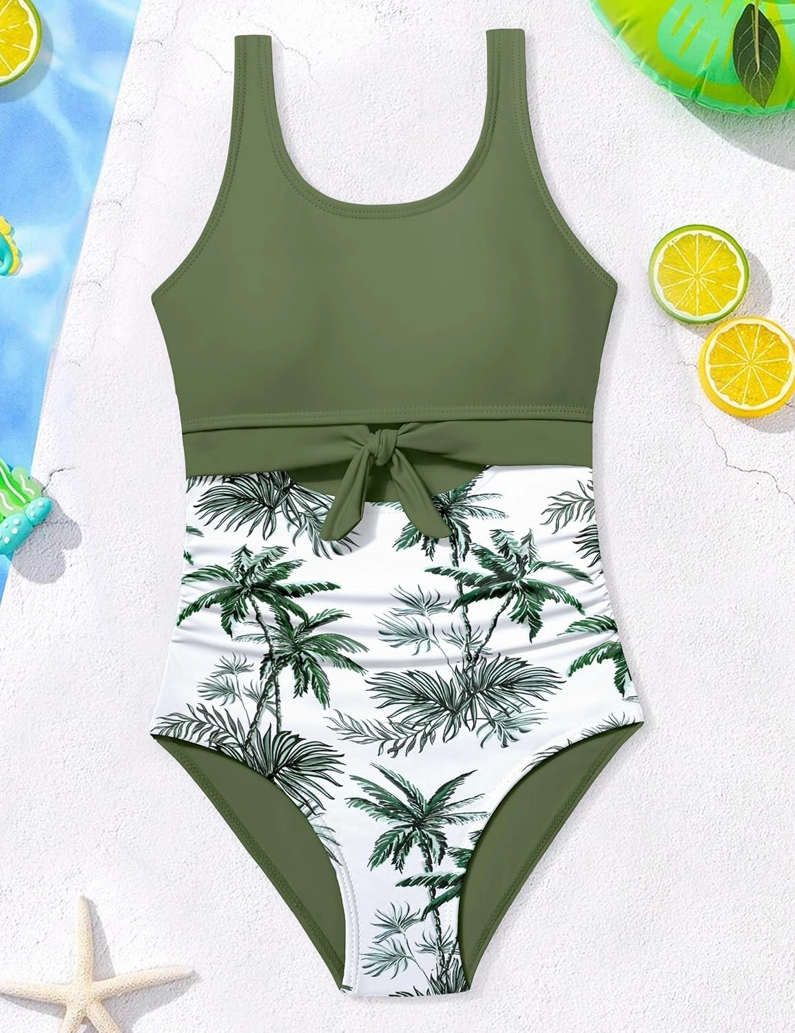 Qaoerde Girls Swimsuit One Piece Swimsuits Cutout Ruched Bathing Suits Adjustable Straps Tie Girls' Swimwear 9-16Y
