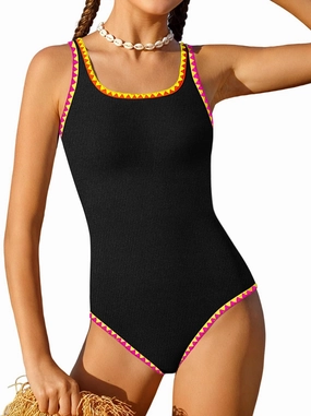 Qaoerde Girls Swimsuit One Piece Swimsuits Solid Color Bathing Suit Colorful Contrast Trim Adjustable Straps Swimwear 9-16Y