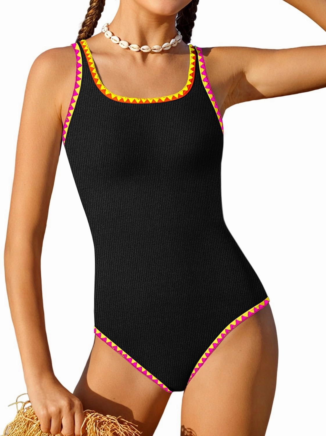 Qaoerde Girls Swimsuit One Piece Swimsuits Solid Color Bathing Suit Colorful Contrast Trim Adjustable Straps Swimwear 9-16Y