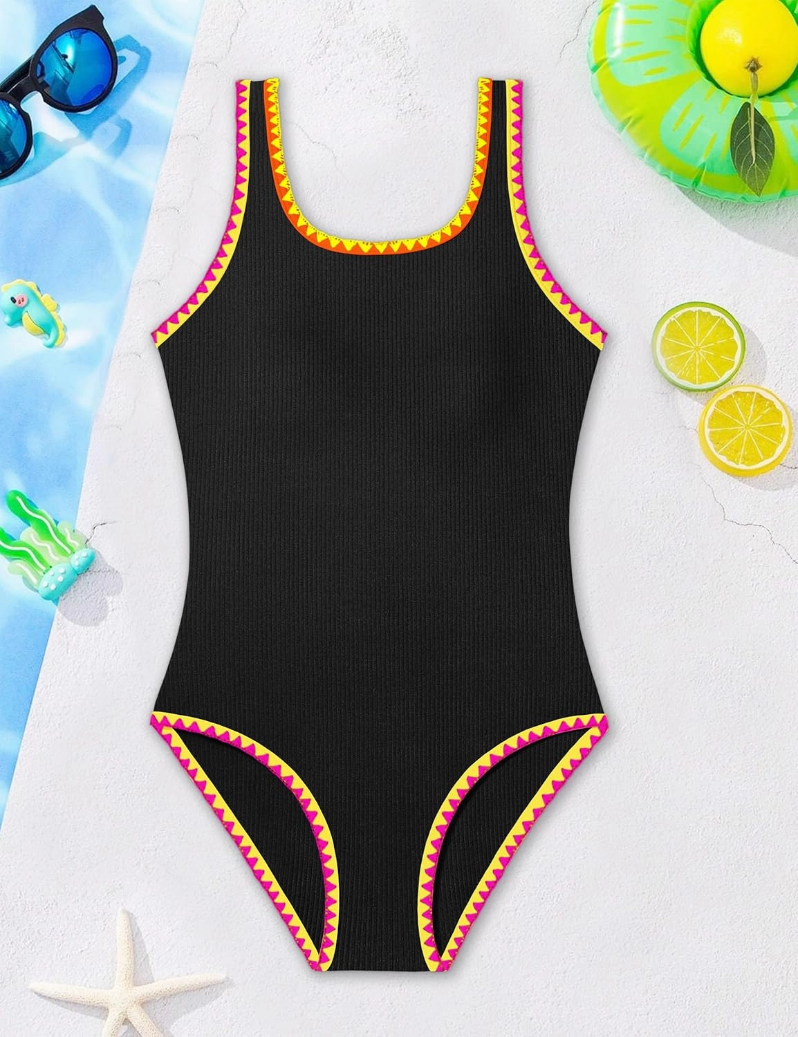 Qaoerde Girls Swimsuit One Piece Swimsuits Solid Color Bathing Suit Colorful Contrast Trim Adjustable Straps Swimwear 9-16Y