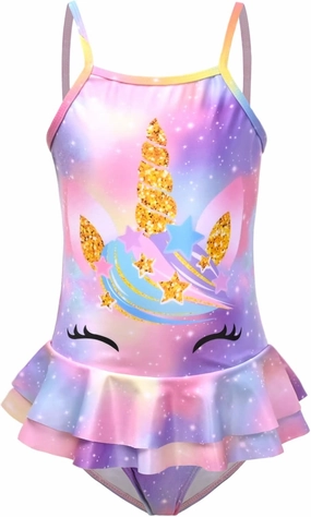 QPANCY One Piece Swimsuits for Girl Ruffle Unicorn Bathing Suits Strap Swimwear