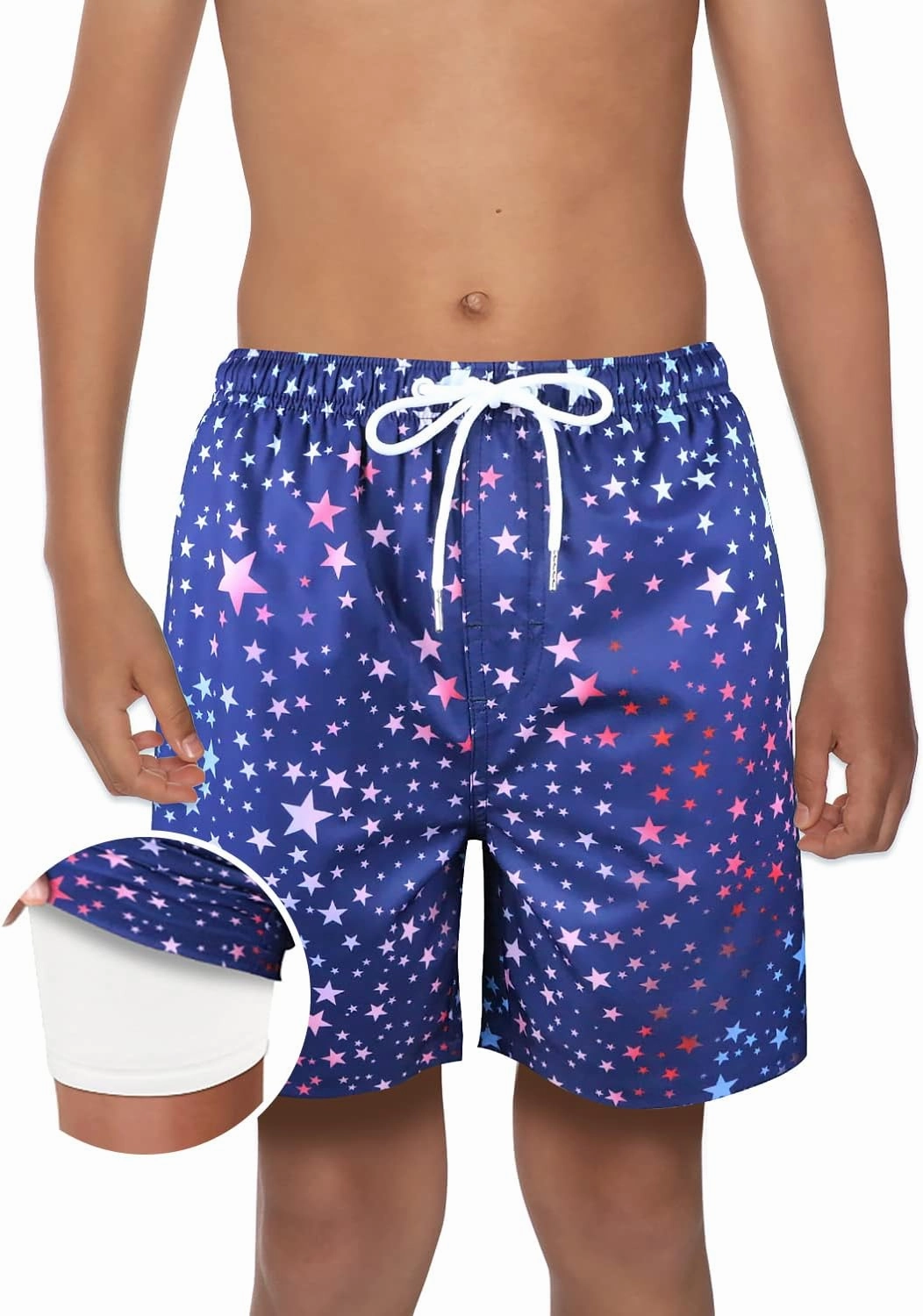 QRANSS Boys Swim Trunks with Compression Liner,No Mesh Anti-Chafing Comfy Swimming Trunks with Boxer Brief Liner,Size 6-20
