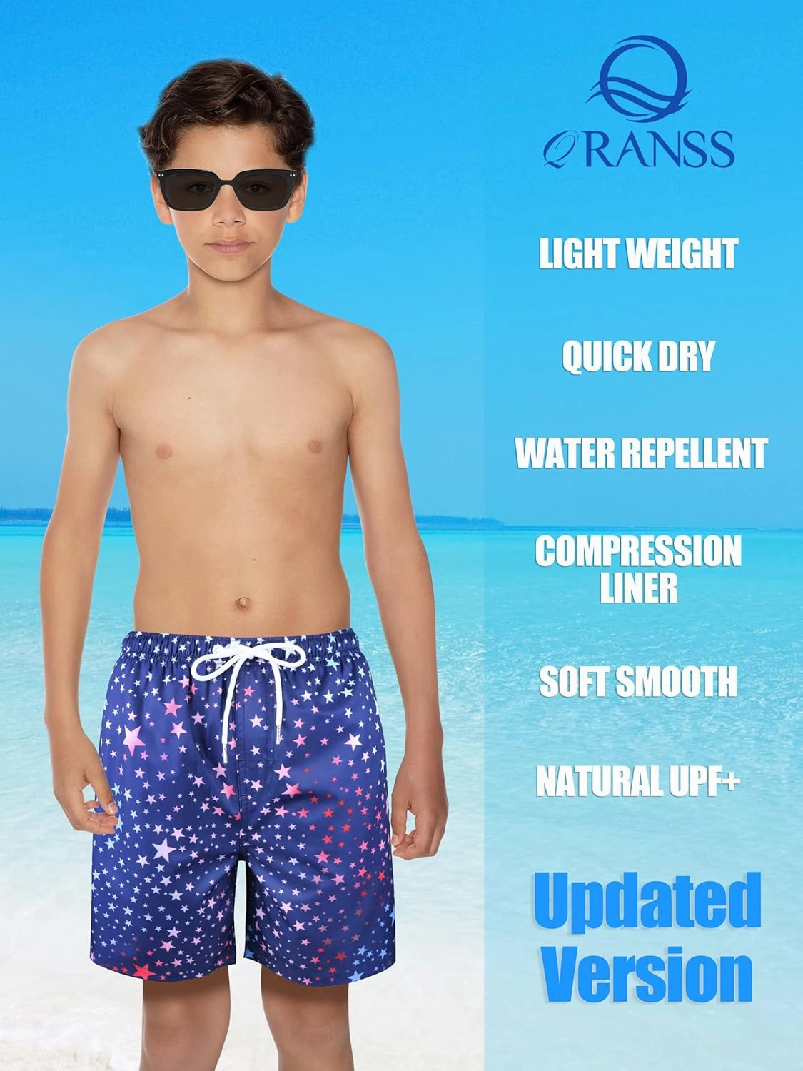 QRANSS Boys Swim Trunks with Compression Liner,No Mesh Anti-Chafing Comfy Swimming Trunks with Boxer Brief Liner,Size 6-20