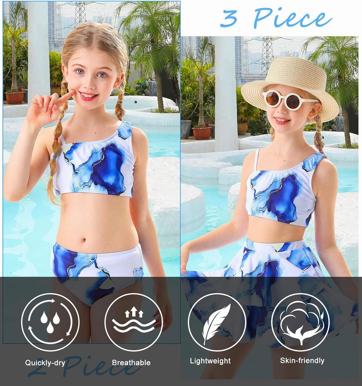 RAISEVERN Girls Swimsuit 3 Piece Bathing Suits Cute Quick Dry Bikini Tankini Sets with Cover Ups Beach Skirt for 5-12 Years