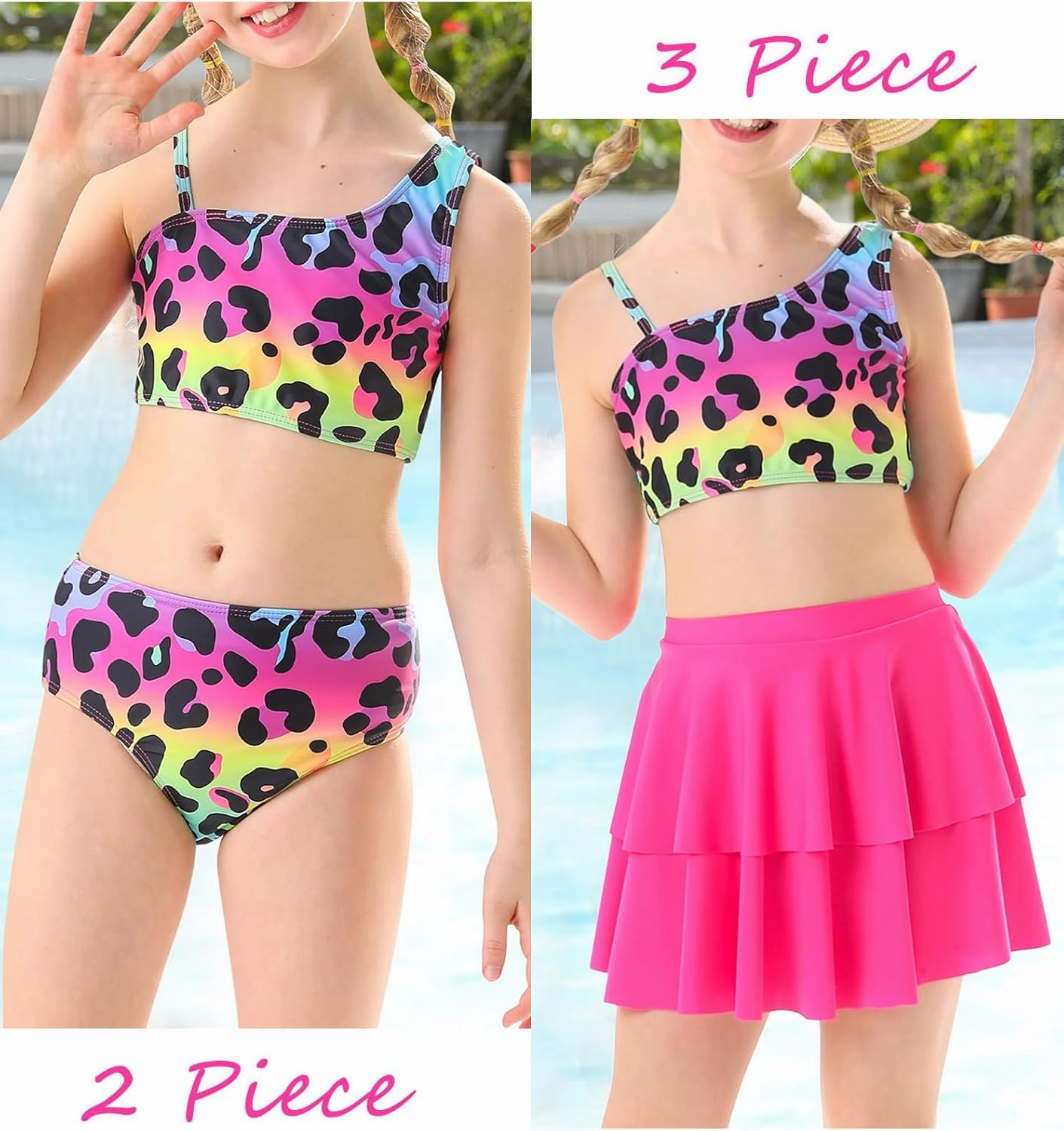 RAISEVERN Girls Swimsuit 3 Piece Bathing Suits Cute Quick Dry Bikini Tankini Sets with Cover Ups Beach Skirt for 5-12 Years