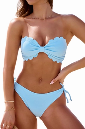 Rajputana Womens Wavy Edge Bandeau Bikini Strapless Tie Back Side String Bathing Suits Two Piece Swimsuit