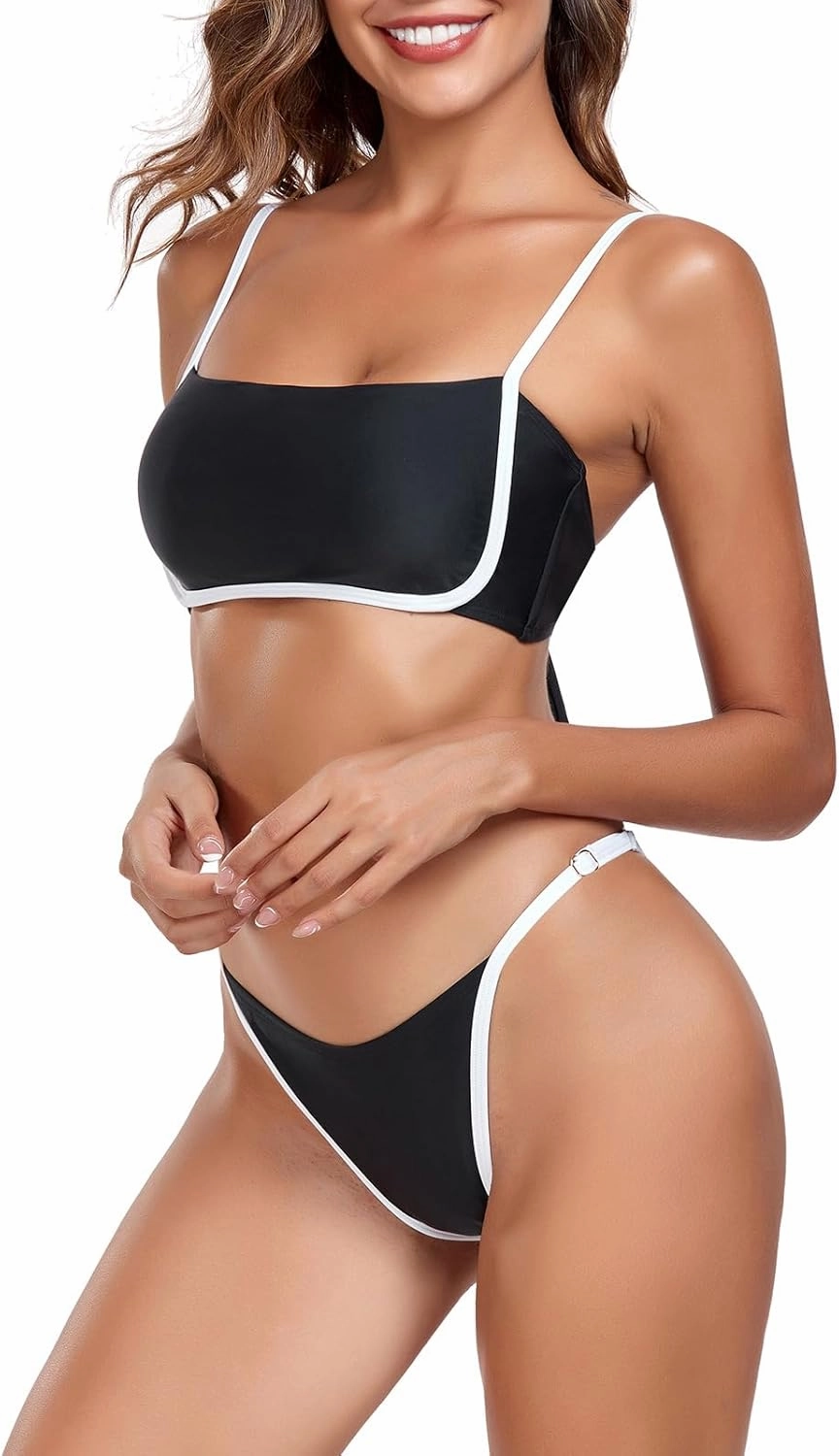 RELLECIGA Women Bandeau Bikini Set Adjustable Splicing Color High Cut Two Piece Bathing Suits