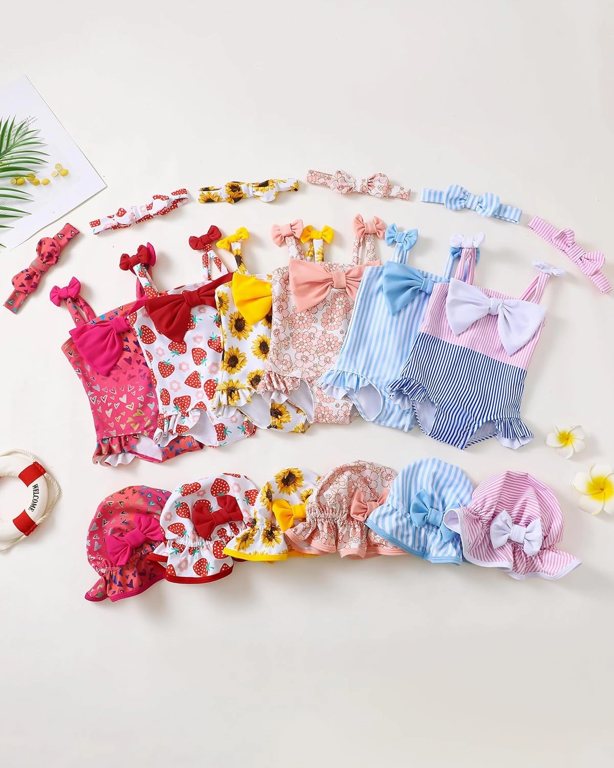 Renotemy Baby Girl Swimsuit Infant Bathing Suit Swimwear Sleeveless Bikini Tankini Toddler Girl One-Piece Swimsuit with Hat