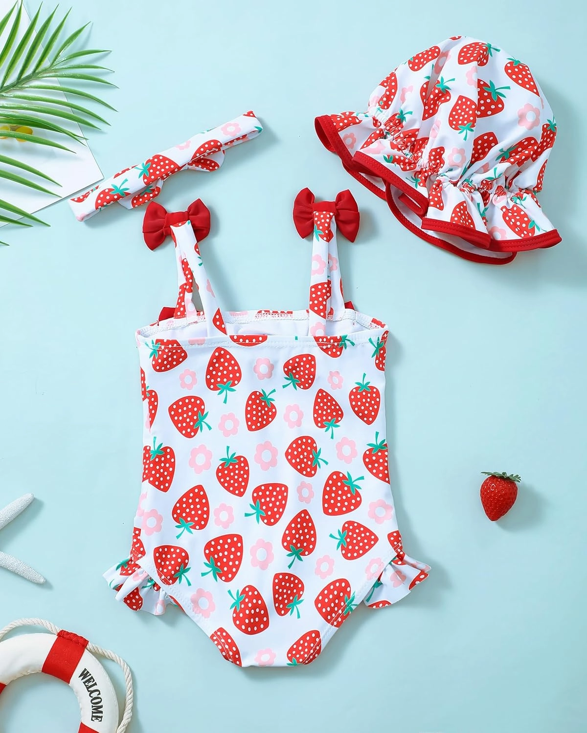 Renotemy Baby Girl Swimsuit Infant Bathing Suit Swimwear Sleeveless Bikini Tankini Toddler Girl One-Piece Swimsuit with Hat
