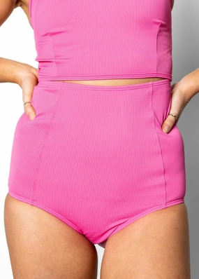 Ribbed Azalea Pink | Extended High-Waisted Bottoms