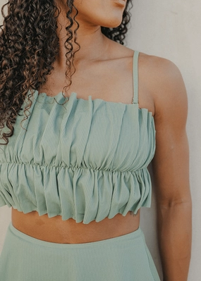 Ribbed Sage | Oversized Ruffle Top