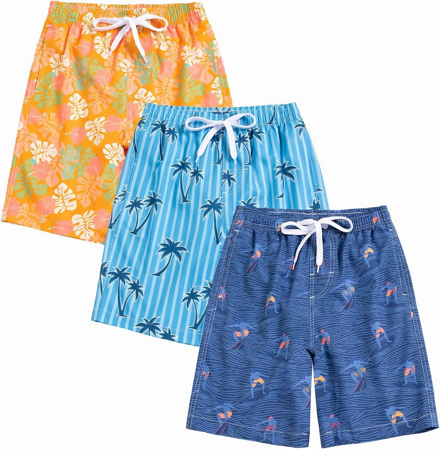 Rolimaka 3 Pack Boy's Swim Trunks Kid Board Shorts with Mesh Lining Youth Swimwear