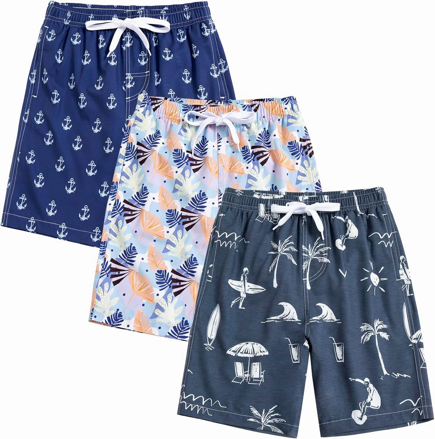 Rolimaka 3 Pack Boy's Swim Trunks Kid Board Shorts with Mesh Lining Youth Swimwear