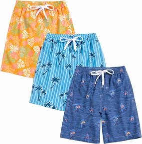 Rolimaka 3 Pack Boy's Swim Trunks Kid Board Shorts with Mesh Lining Youth Swimwear