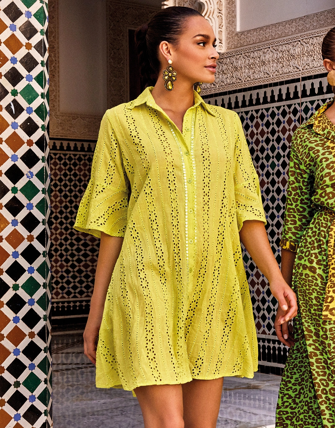 Romina 3/4 Sleeve Shirt Dress - Lime