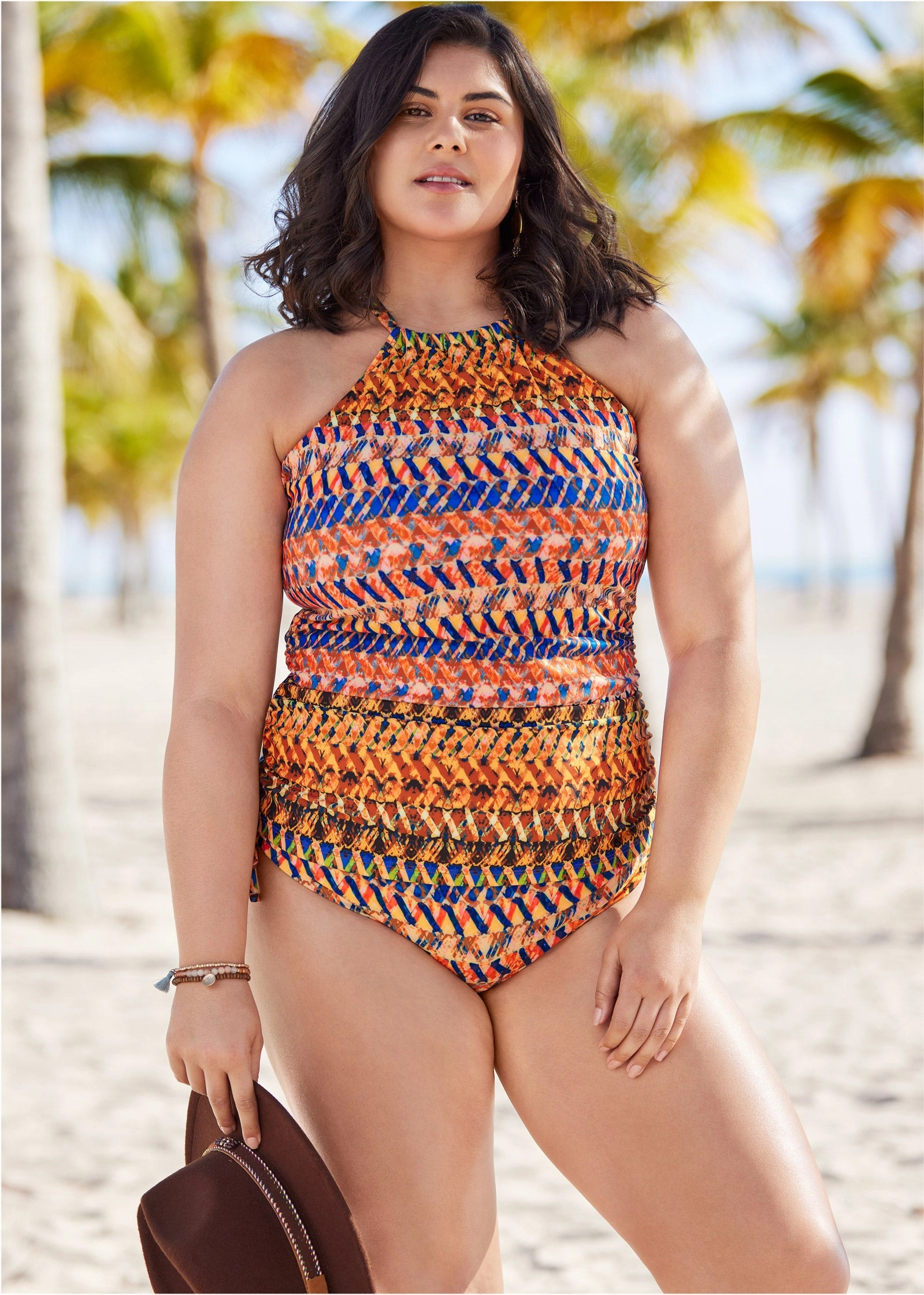 Ruched Side Halter Tankini - Island Stripes