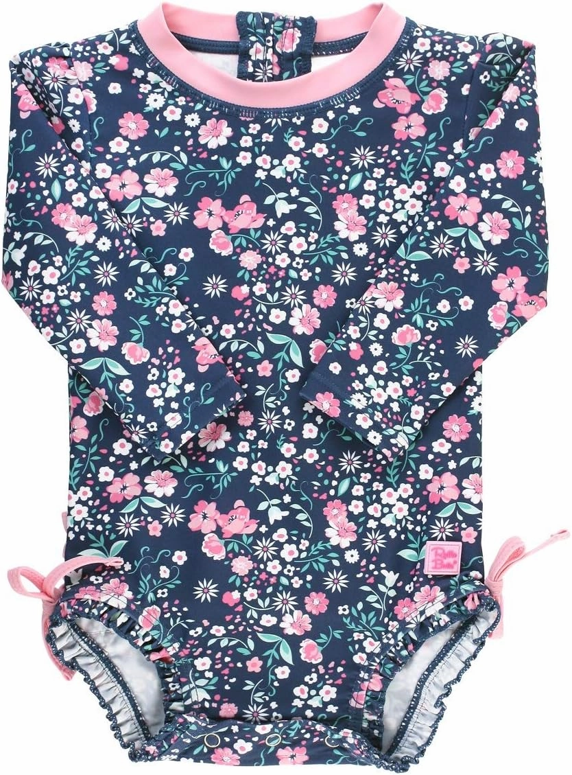 RuffleButts Baby Girls UPF 50  Sun Protection Floral Printed Long Sleeve One Piece Rash Guard Swimsuit with Zipper