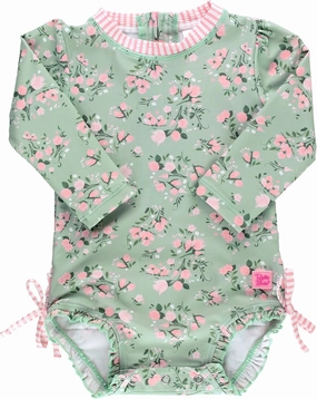 RuffleButts Baby Girls UPF 50  Sun Protection Floral Printed Long Sleeve One Piece Rash Guard Swimsuit with Zipper