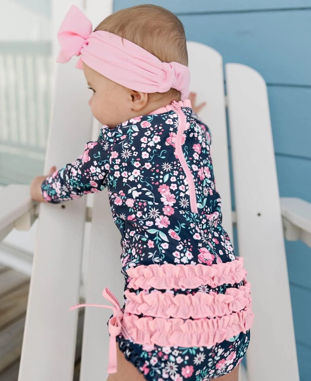 RuffleButts Baby Girls UPF 50  Sun Protection Floral Printed Long Sleeve One Piece Rash Guard Swimsuit with Zipper