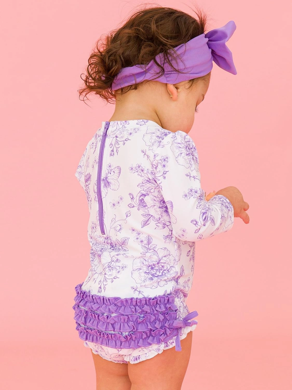RuffleButts Baby Girls UPF 50  Sun Protection Floral Printed Long Sleeve One Piece Rash Guard Swimsuit with Zipper