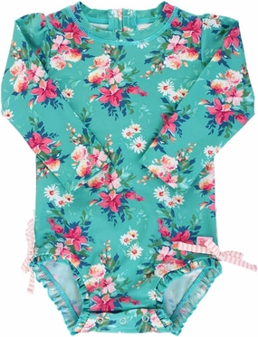 RuffleButts Baby Girls UPF 50  Sun Protection Floral Printed Long Sleeve One Piece Rash Guard Swimsuit with Zipper