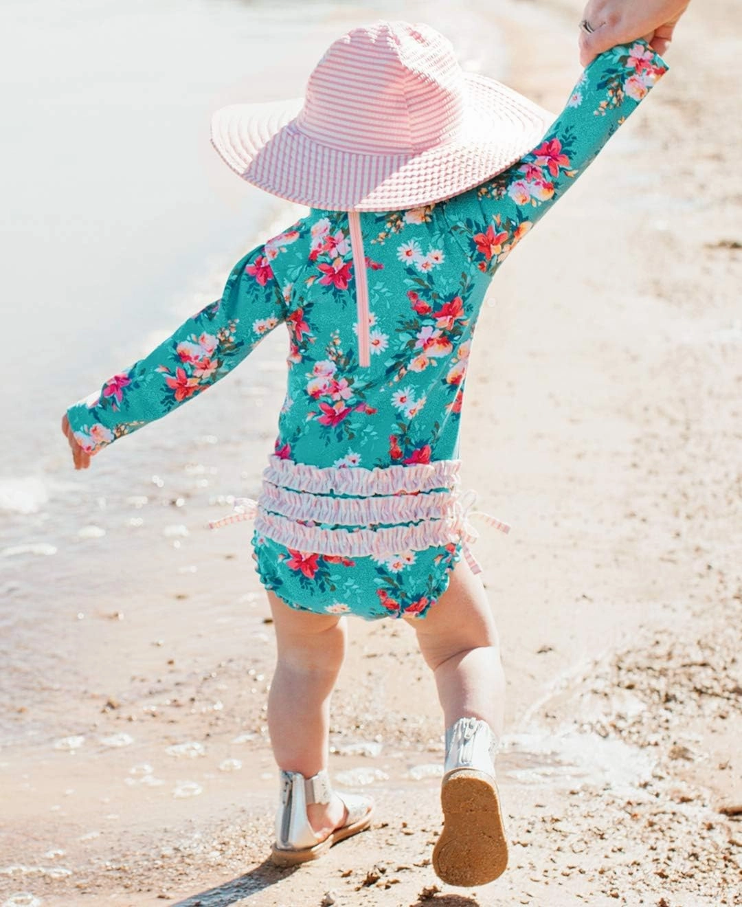 RuffleButts Baby Girls UPF 50  Sun Protection Floral Printed Long Sleeve One Piece Rash Guard Swimsuit with Zipper