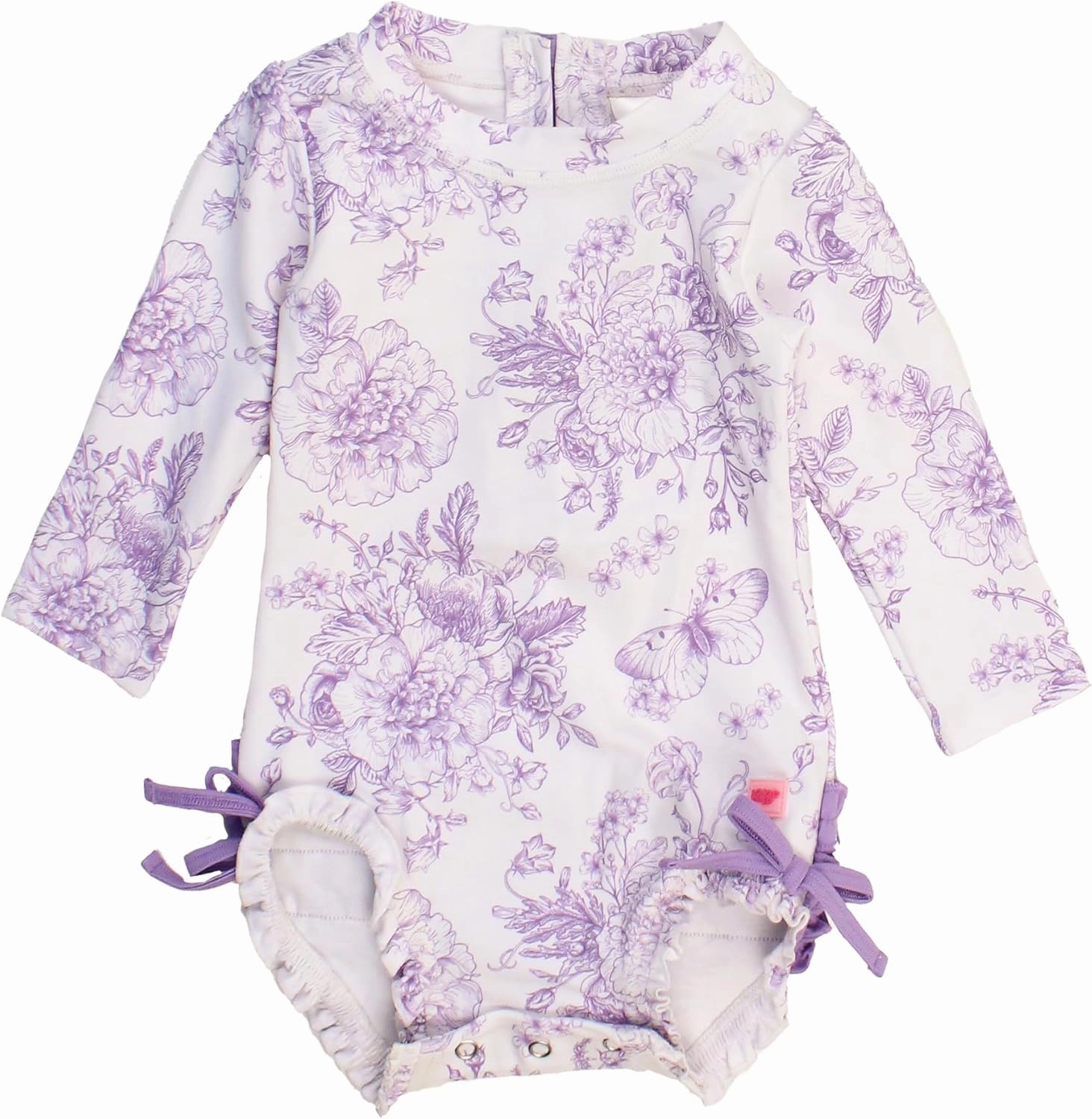 RuffleButts Baby Girls UPF 50  Sun Protection Floral Printed Long Sleeve One Piece Rash Guard Swimsuit with Zipper
