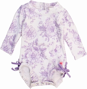 RuffleButts Baby Girls UPF 50  Sun Protection Floral Printed Long Sleeve One Piece Rash Guard Swimsuit with Zipper