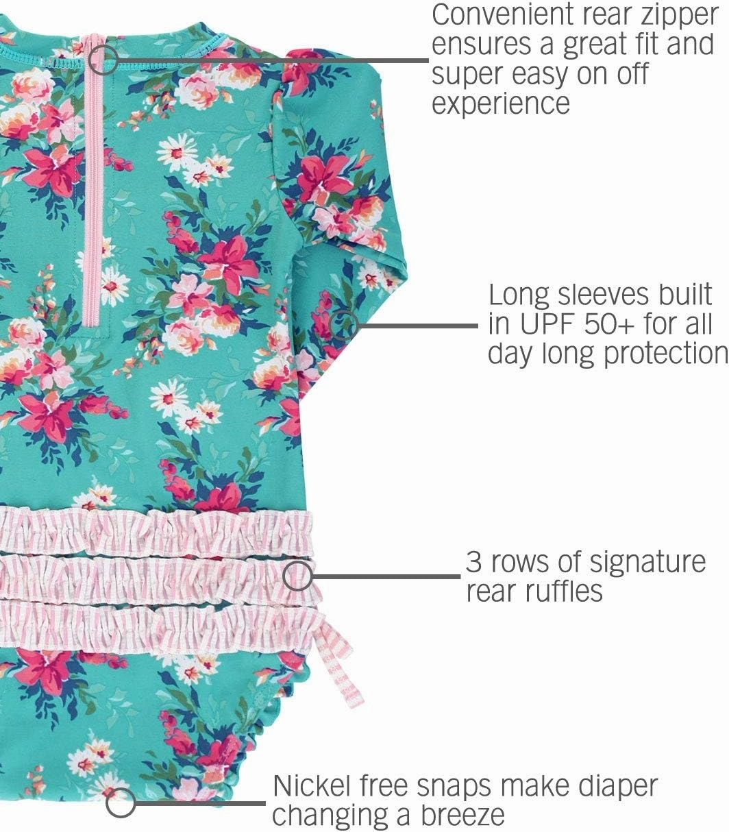 RuffleButts Baby Girls UPF 50  Sun Protection Floral Printed Long Sleeve One Piece Rash Guard Swimsuit with Zipper