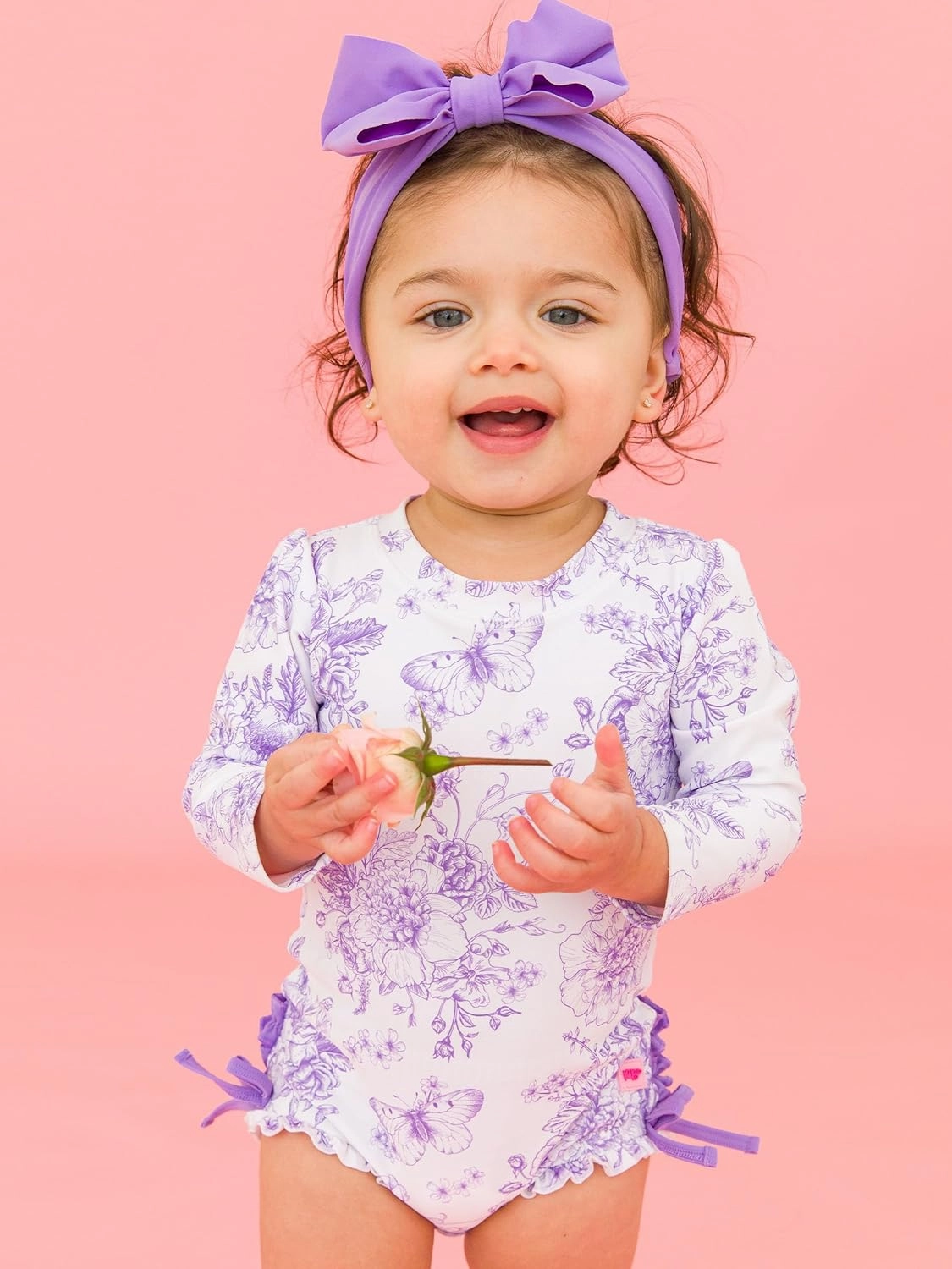 RuffleButts Baby Girls UPF 50  Sun Protection Floral Printed Long Sleeve One Piece Rash Guard Swimsuit with Zipper